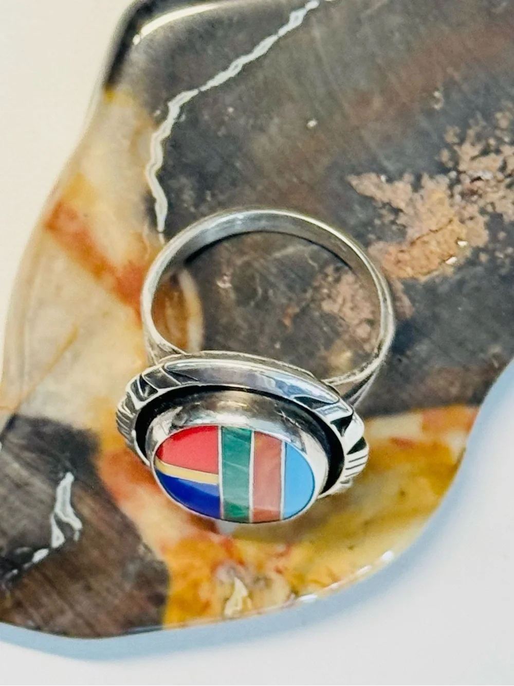 Vtg Navajo Sterling Multi Stone Inlay Ring (7)